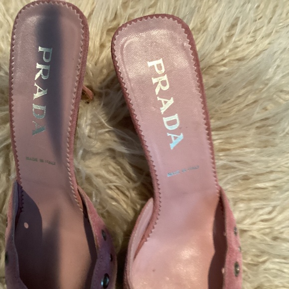Prada Pink Suede With Leather Bow Open Back Kitten Heels, Size 37 1/2 - Picture 3 of 5